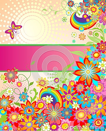 Summery greeting card with rainbow Vector Illustration
