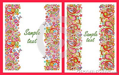 Summery greeting cards with seamless decorative colorful floral borders Vector Illustration