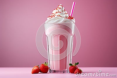 Summery indulgence Pink fresh milkshake with strawberry, yogurt, and cream Stock Photo