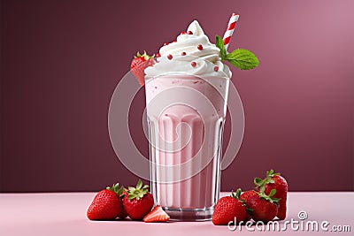 Summery indulgence Pink fresh milkshake with strawberry, yogurt, and cream Stock Photo