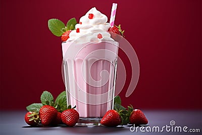Summery indulgence Pink fresh milkshake with strawberry, yogurt, and cream Stock Photo