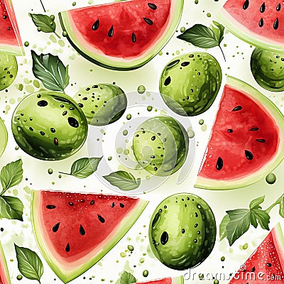Summery print for fabric or packaging with refreshing watercolour watermelon. Seamless pattern Stock Photo
