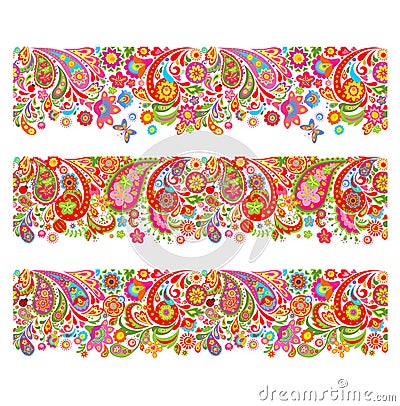 Summery seamless borders with decorative colorful flowers print Vector Illustration
