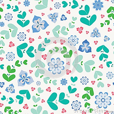 Summery seamless repeat pattern of stylized flowers and leaves. A pretty floral vector design in green, blue and pink. Vector Illustration