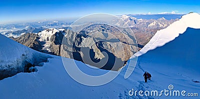Summit ascent between combin de valsorey and combin de grafeneire on the grand combin massif. walk over glaciers Stock Photo