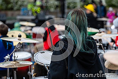 Summit of small drummers in the historic Dobele Market Square, Dozens of drummers play synchronously Editorial Stock Photo