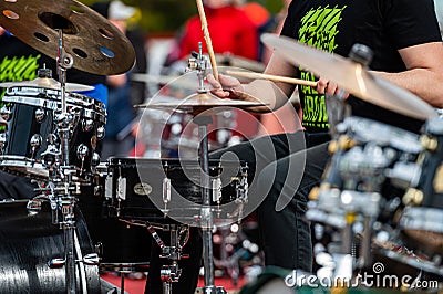 Summit of small drummers in the historic Dobele Market Square, Dozens of drummers play synchronously Editorial Stock Photo