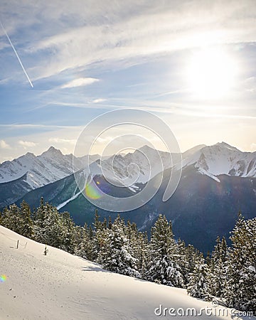 Summit of Sulphur Mountain with sun flare Stock Photo