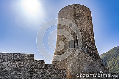 Summonte, province of Avellino. the view of the medieval tower of the castle of Summonte. Irpinia, Campania, Italy. Stock Photo