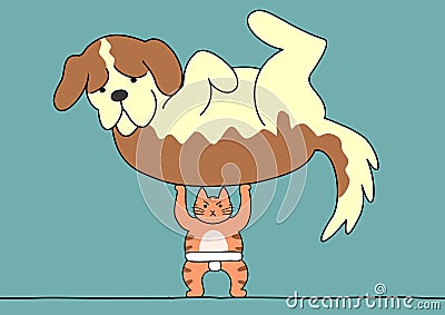 Sumo cat lifts the dog Vector Illustration