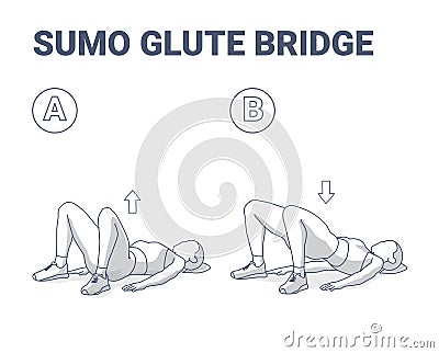 Sumo Glute Bridge Girl Workout Exercise Guide Black and White Concept. Vector Illustration