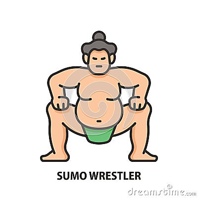 Sumo wrestler line illustration. Sumo fighter color vector icon. Japan national sport Vector Illustration