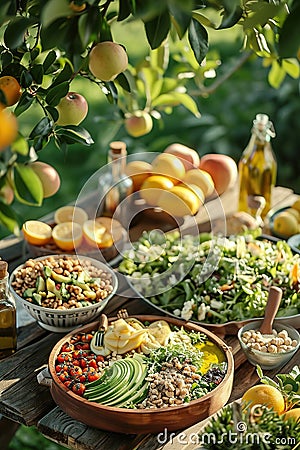 Sumptuous garden feast highlighting fresh salads and fruits, AI Generated Stock Photo