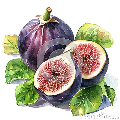 A sumptuous watercolor still life of figs, whole and halves Stock Photo