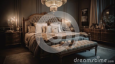 A sumptuously furnished bedroom featuring a plush bed, and vintage decor creating a serene ambiance Stock Photo