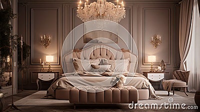 A sumptuously furnished bedroom featuring a plush bed, and vintage decor creating a serene ambiance Stock Photo