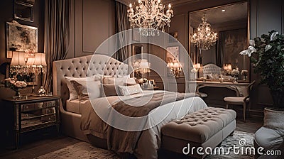 A sumptuously furnished bedroom featuring a plush bed, and vintage decor creating a serene ambiance Stock Photo