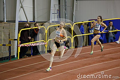 SUMY, UKRAINE - FEBRUARY 9, 2018: Alina Shukh - champion in pentathlon competition on Ukrainian indoor track and field Editorial Stock Photo