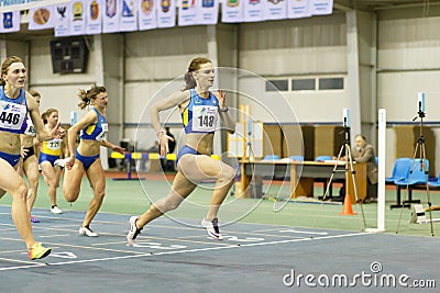 SUMY, UKRAINE - FEBRUARY 18, 2017: Viktorya Pyatachenko-Kashcheyeva finished second in final of 60m sprint competition Editorial Stock Photo