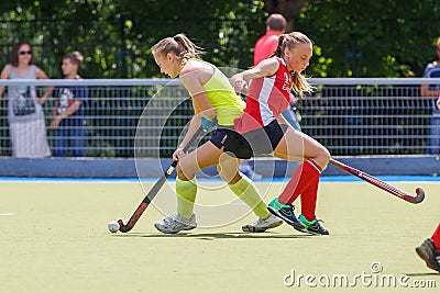 SUMY, UKRAINE - JUNE 14, 2018: game between MSK Sumchanka and HC Kolos on Ukrainian woman field hockey championship Editorial Stock Photo