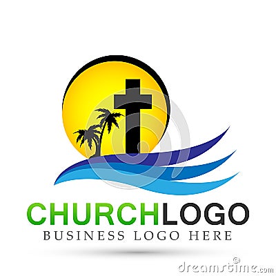 Sun beach City church people union care love logo design icon on white background. Classical, ancient. on white background Cartoon Illustration