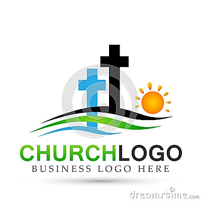 Sun beach City church people union care love logo design icon on white background. Classical, ancient. on white background Cartoon Illustration