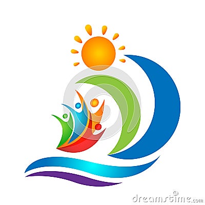 Sun beach water wave people team work union wellness celebration boat concept symbol icon design vector on white background Cartoon Illustration