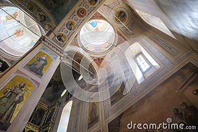 Sun beams from window inside orthodox church of Dmitrov Kremlin Editorial Stock Photo