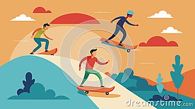 The sun beating down on the skaters as they weave their way through a challenging obstacle course each one trying to Vector Illustration