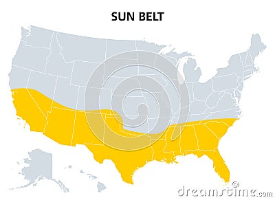 Sun Belt of the United States, region of the southernmost states, map Vector Illustration