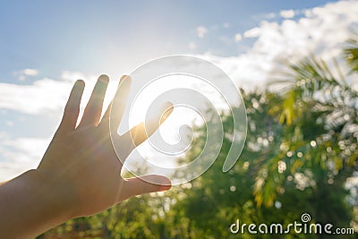 Sun blind with hand in hot summer - heat concept. Stock Photo