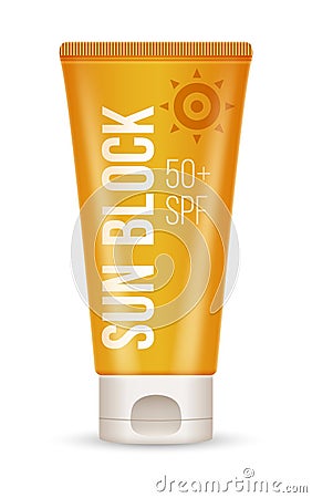 Sun block cream, oil and lotion containers. Sun protection and suntan cosmetics isolated on white background. Vector Illustration