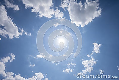 Sun, blue sky and clouds photographed upwards Stock Photo