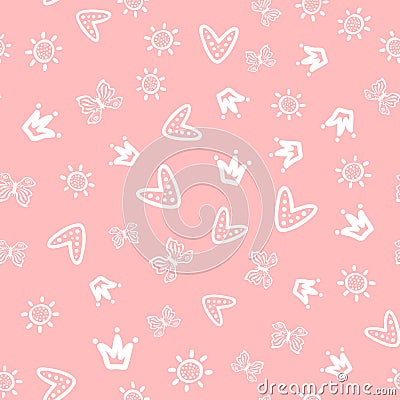 Sun, butterflies, hearts and crowns drawn by hand. Cute girly seamless pattern. Vector Illustration