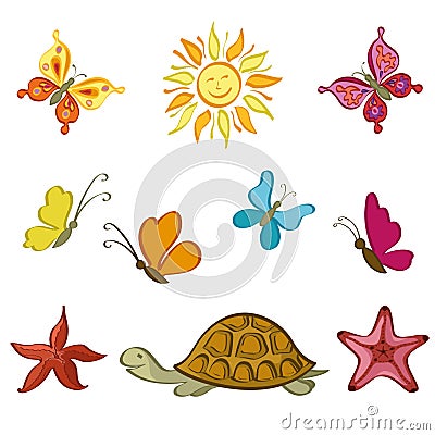 Sun, Butterflies, Turtle and Starfish Vector Illustration