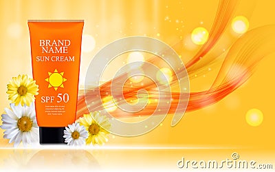 Sun Care Cream Bottle, Tube with Flowers Chamomile Template for Vector Illustration