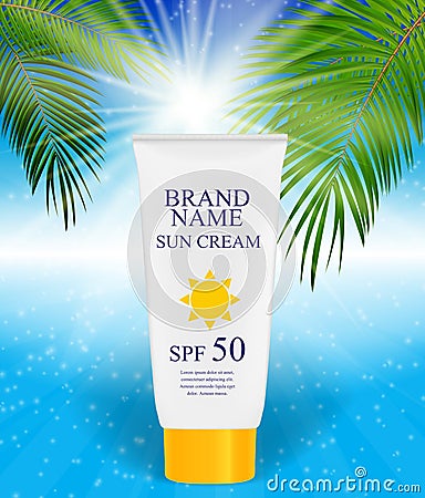 Sun Care Cream Bottle, Tube Template for Ads or Magazine Backgro Vector Illustration