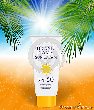 Sun Care Cream Bottle, Tube Template for Ads or Magazine Backgro Vector Illustration