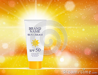 Sun Care Cream Bottle, Tube Template for Ads or Magazine Background. 3D Realistic Vector Iillustration Vector Illustration