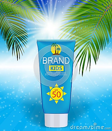 Sun Care Cream Bottle, Tube Template for Ads or Magazine Vector Illustration