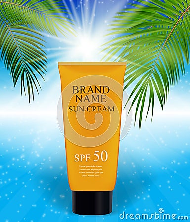 Sun Care Cream Bottle, Tube Template for Ads or Magazine Vector Illustration