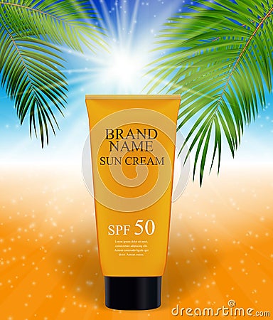 Sun Care Cream Bottle, Tube Template for Ads or Magazine Vector Illustration