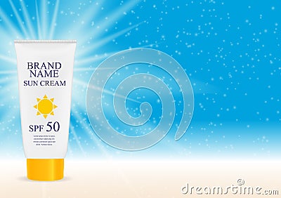 Sun Care Cream Bottle, Tube Template for Ads or Magazine Vector Illustration