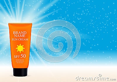 Sun Care Cream Bottle, Tube Template for Ads or Magazine Vector Illustration