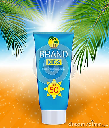 Sun Care Cream Bottle, Tube Template for Ads or Magazine Vector Illustration