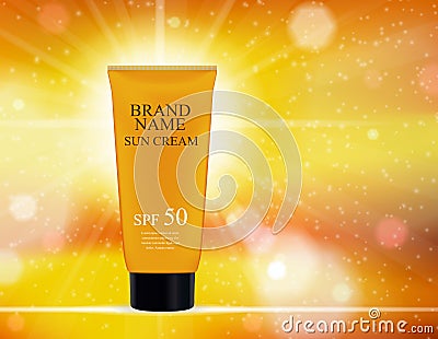 Sun Care Cream Bottle, Tube Template for Ads or Magazine Background. 3D Realistic Vector Vector Illustration