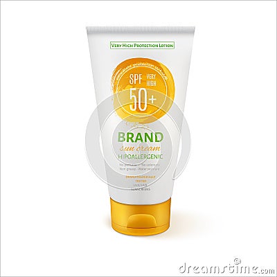 Sun Care Cream Tube Template for Ads or Magazine Background. Vector Illustration