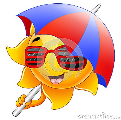 Sun character cartoon with sunglasses and umbrella Vector Illustration