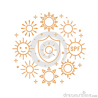 Sun circle concept with flat line icons. Sunshine, sunny weather round poster, summer heat, skin care sunblock vector Vector Illustration