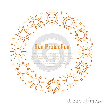 Sun circle concept with flat line icons. Sunshine, sunny weather round poster, summer heat, skin care sunblock vector Vector Illustration